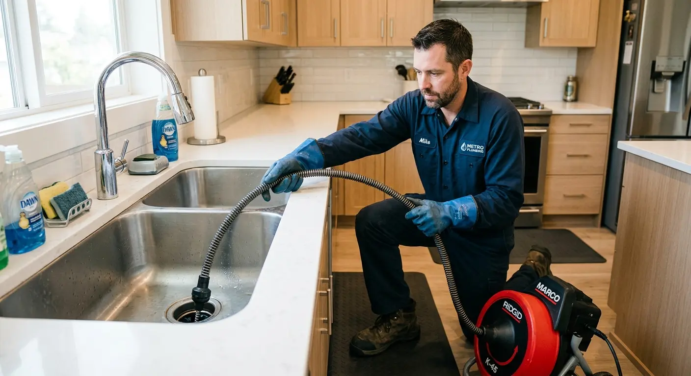 Drain cleaning technician using a motorized snake on a kitchen sink in White Center