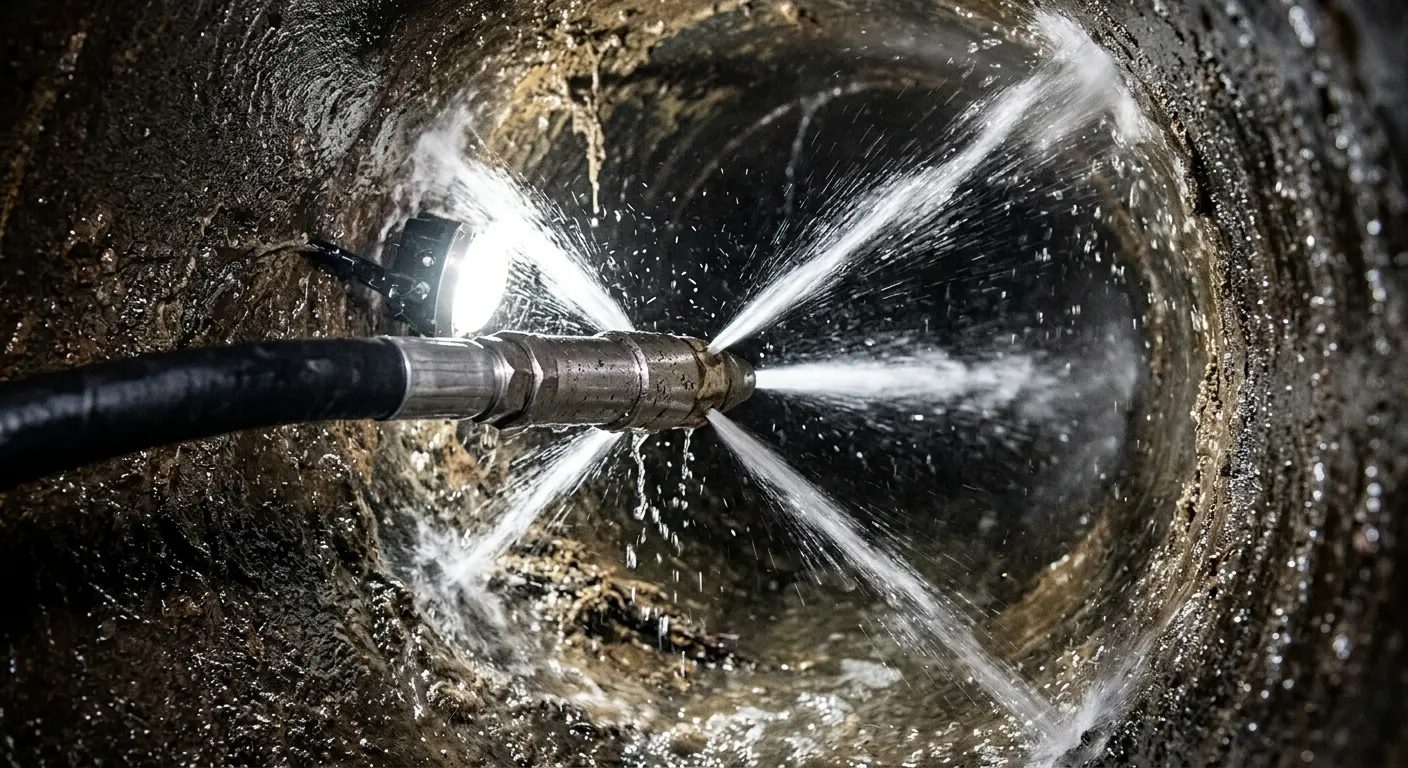 High-pressure hydro jetting nozzle cleaning sewer pipe for Emergency Drain Service in White Center
