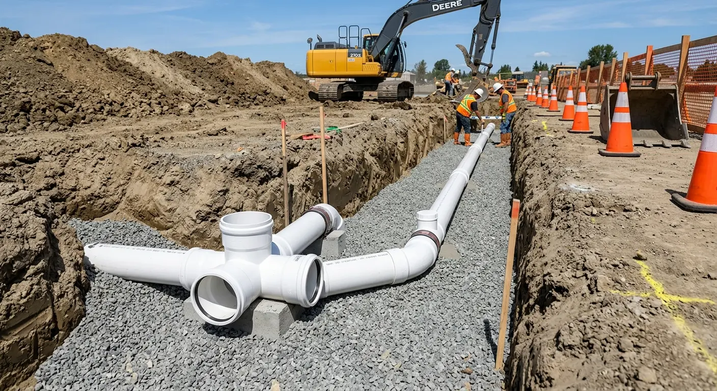 New PVC sewer pipe installation in open trench for Grease Trap Cleaning in White Center