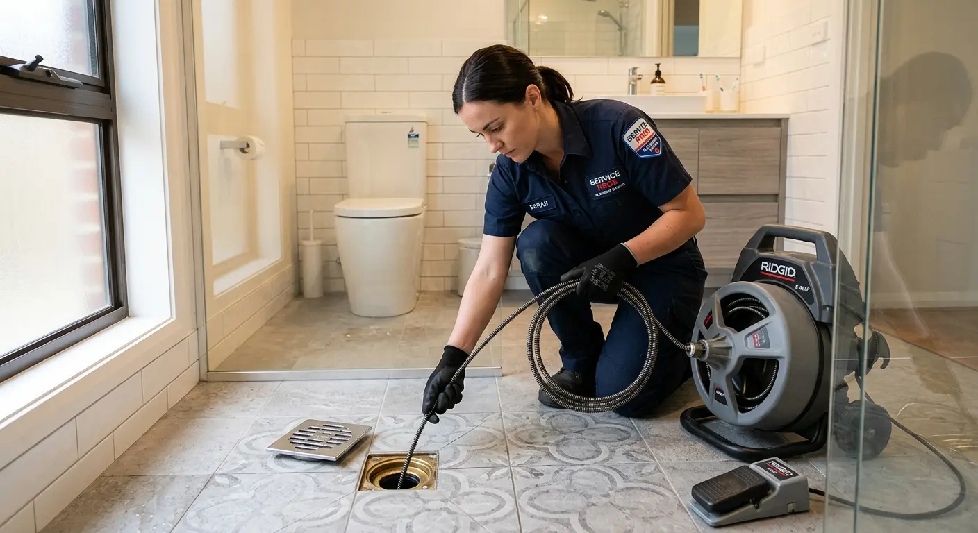 Technician clearing a bathroom floor drain for Drain Repair in White Center